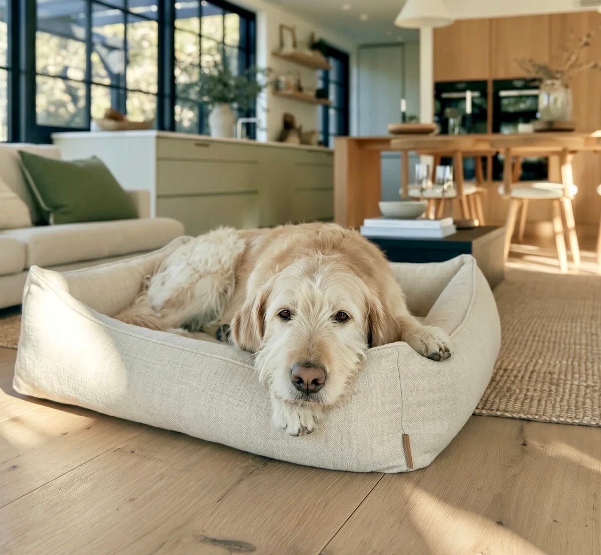 White dog claiming the Bone Linen Lounge