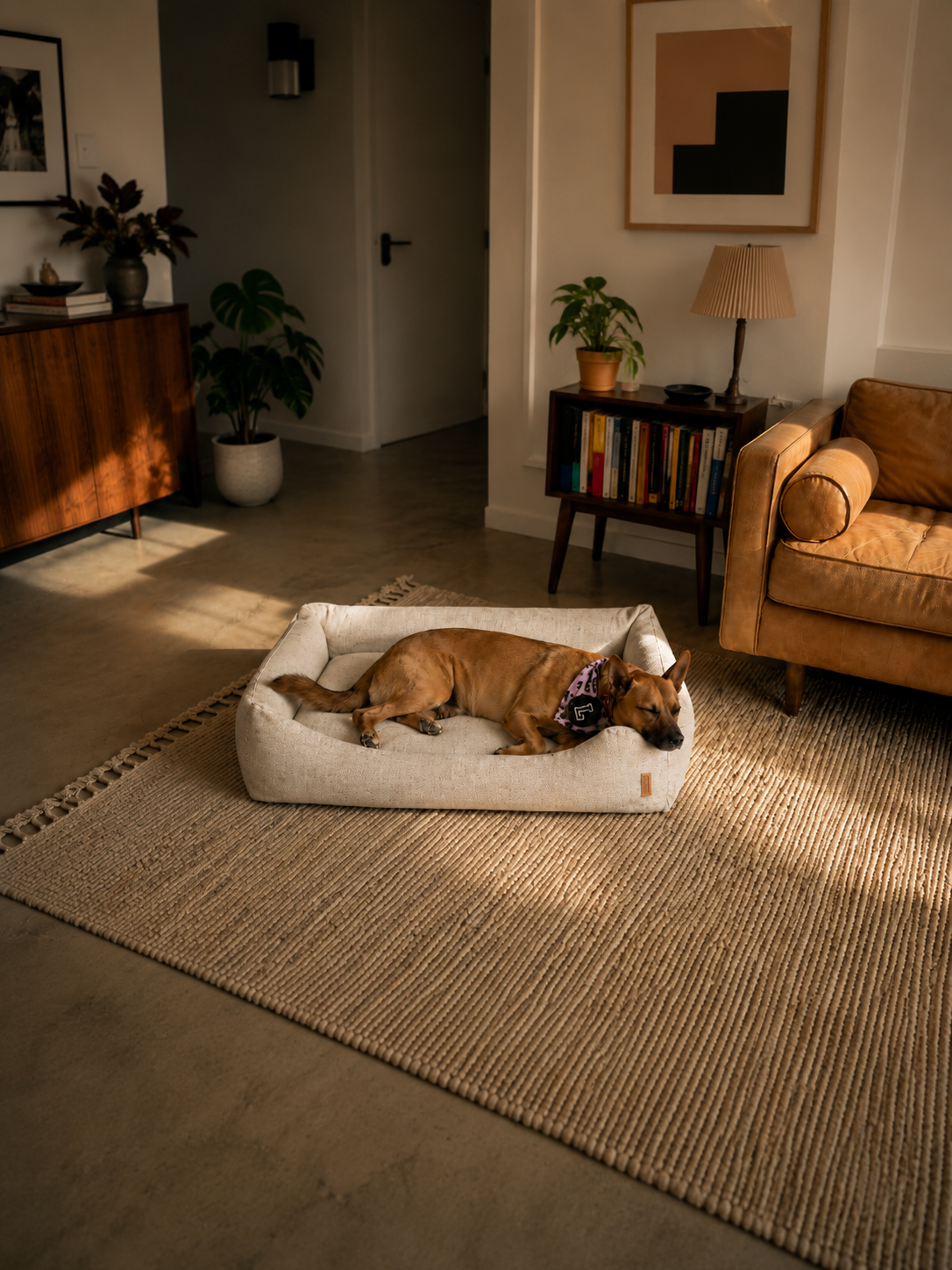 A dog resting on The Lounge in Bone linen in a warm living room