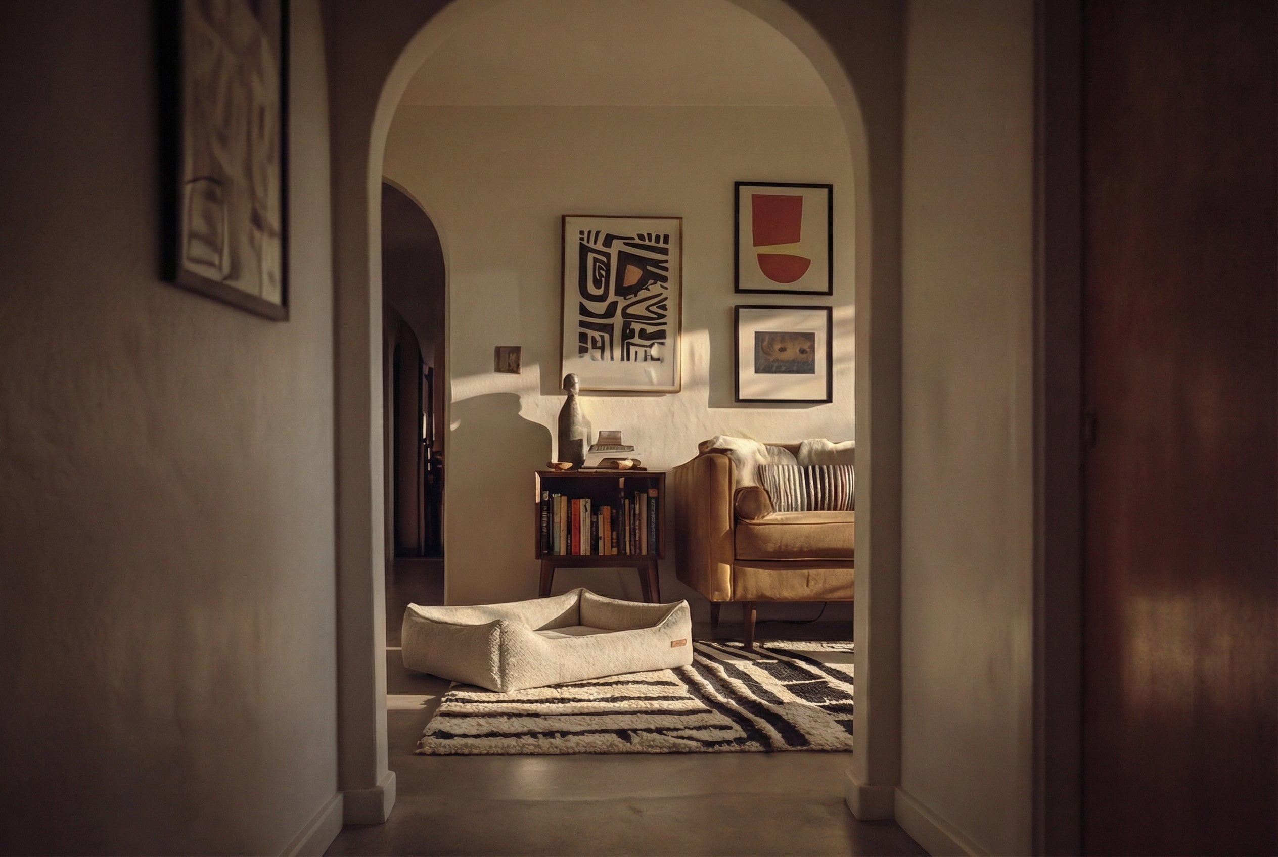 The Lounge at home in a warm interior, seen through an arched hallway