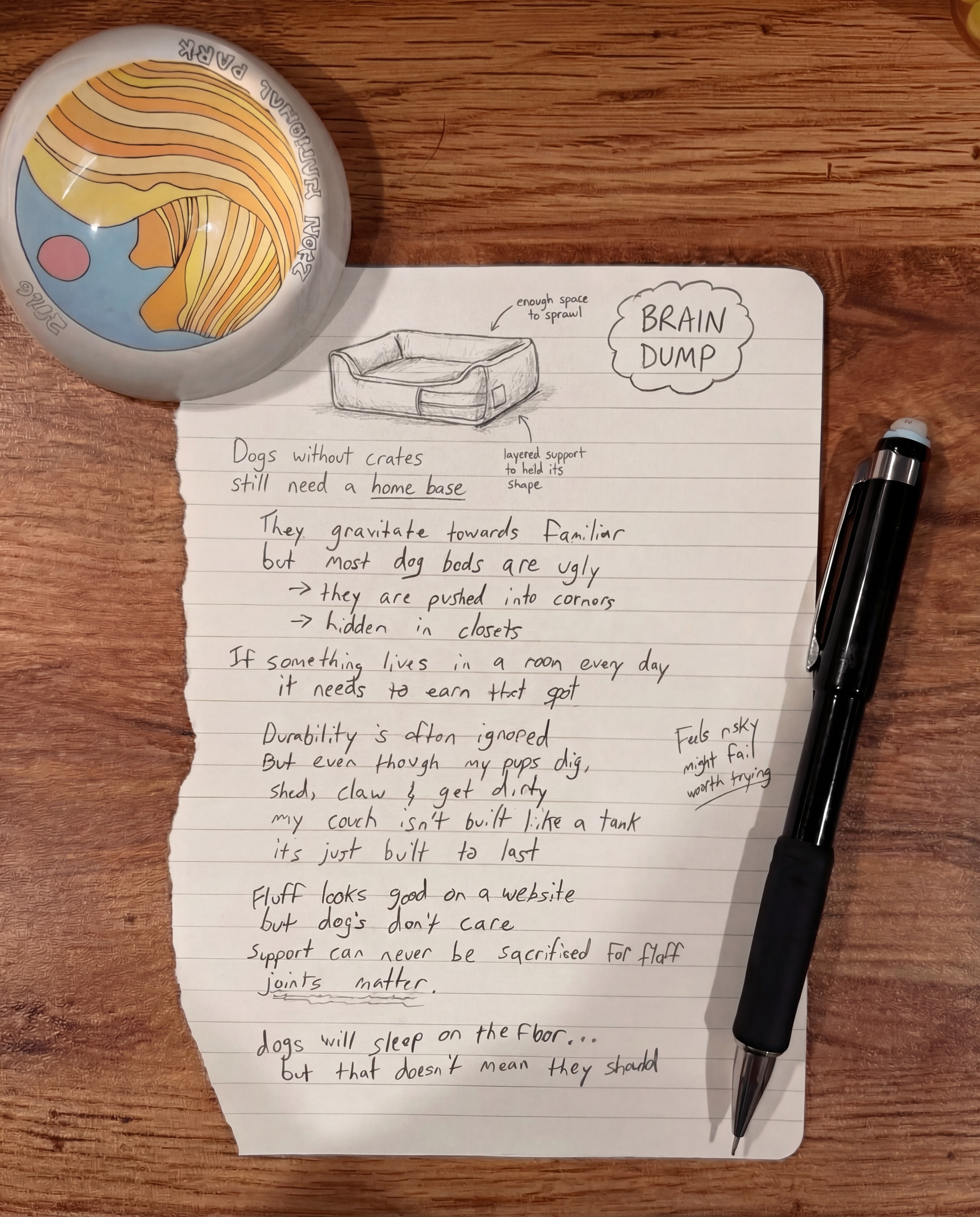 The original handwritten brain dump note with the first sketch of the bed